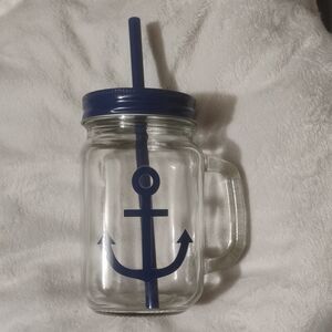 Anchor Glass Mason Jar with Blue Lid and Straw